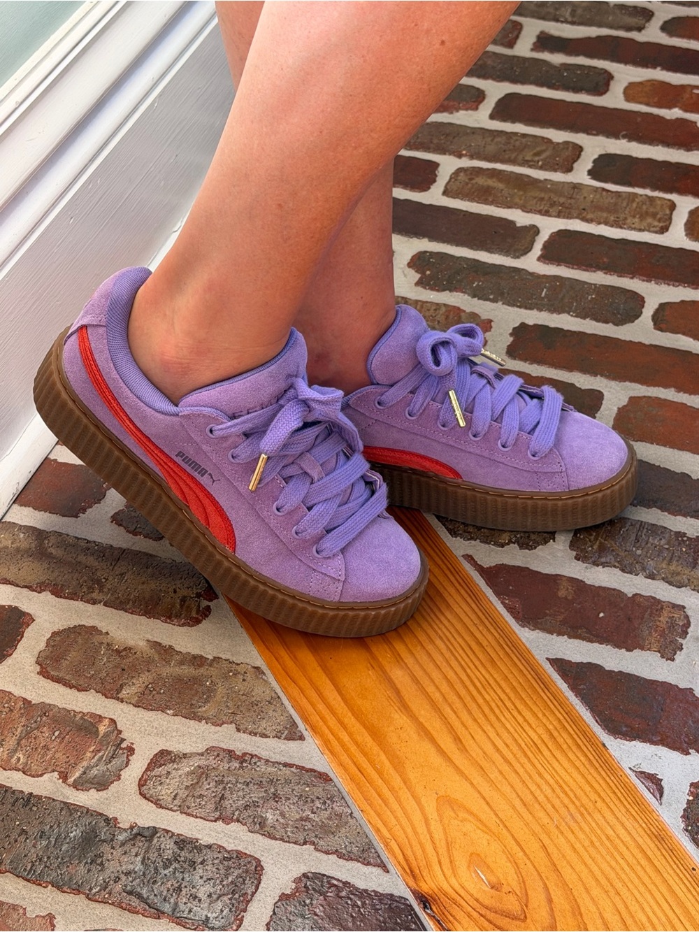 PUMA Suede Platform Sneaker in Lavender with Red Stripe FENTY COLLAB